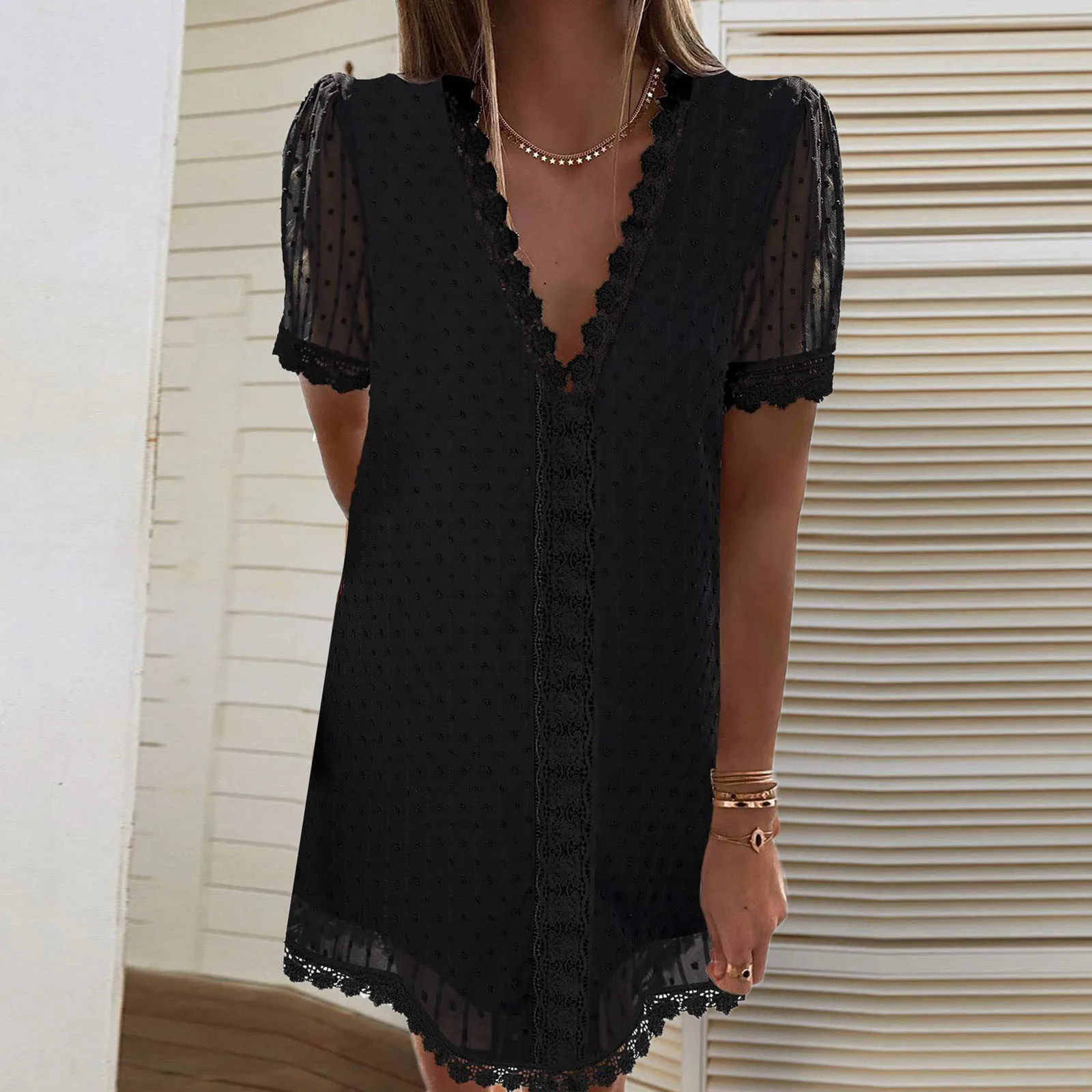 

plus Size Sun Dresses Women Women's Dot Lace Dress Summer V Neck Casual Short Sleeve Mini Short Sleeve Sundress Women