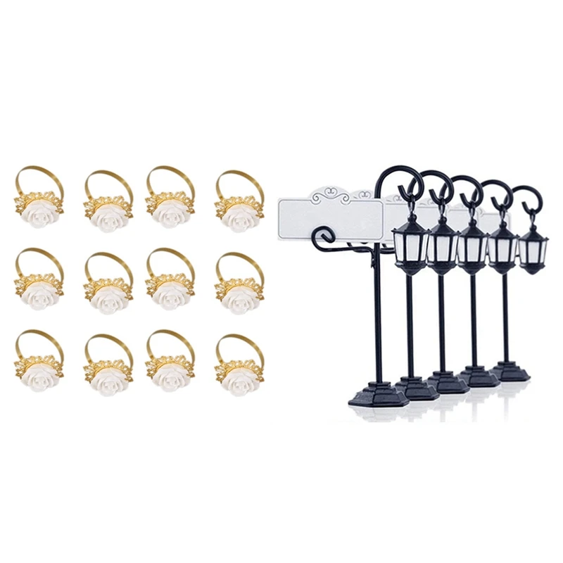 

5 PCS Streetlight Shape Wedding Party Place Card Holder With 12Pcs Resin Napkin Ring Table Kitchen Serviette Holder
