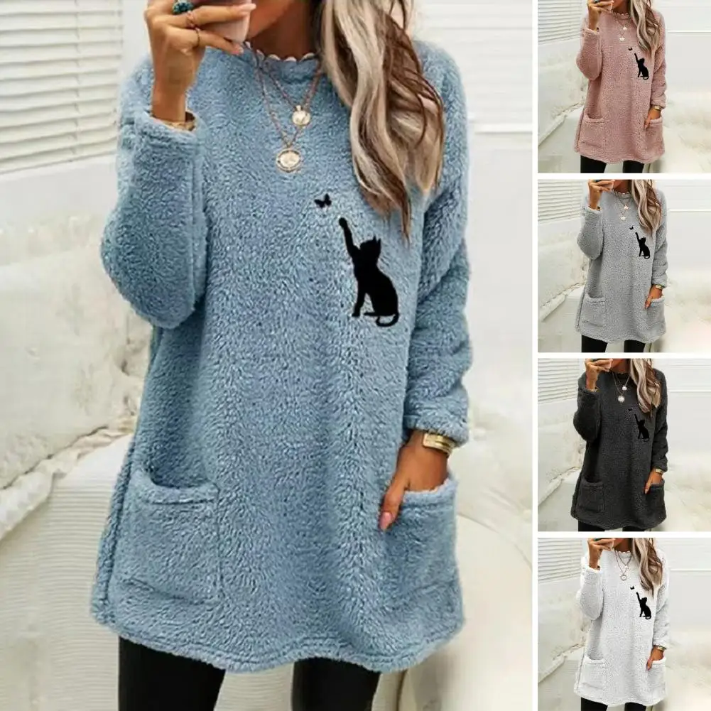 

Флисовый Пуловер с рисунком кошки, топ с вышивкой и круглым вырезом, плюшевый свитшот с длинными рукавами, свободный крой, зимний Свитшот средней длины с карманами