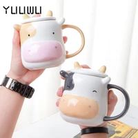 ceramic cute cow mug coffee cups lids spoons childrens large capacity water office milk new product creative home drinkware
