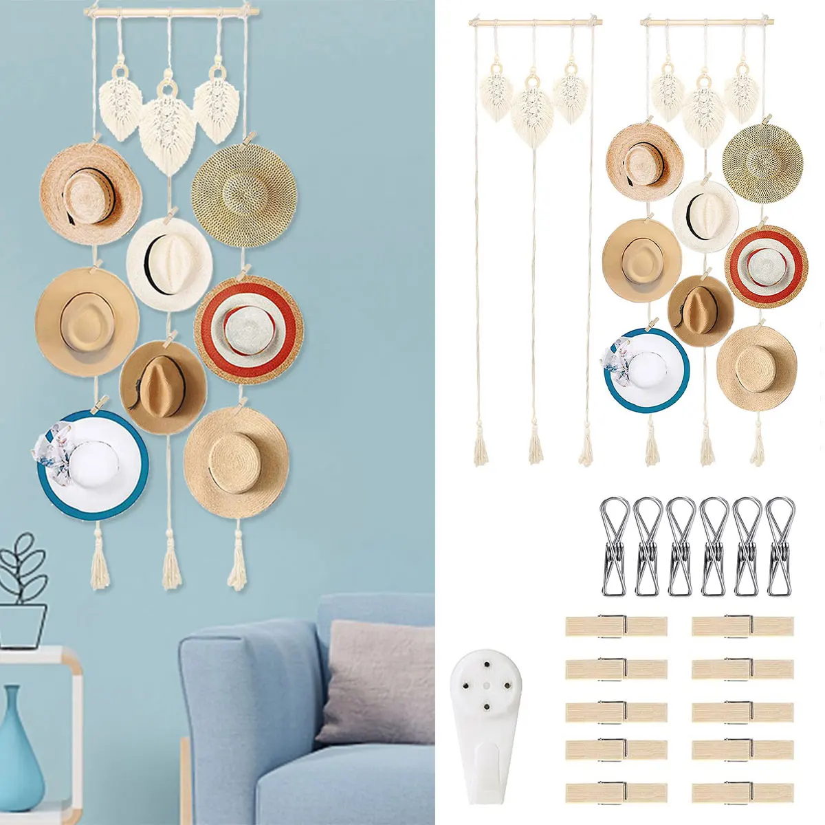 

Hat Organizer Hand Weaving Decorative Hat Hanger Boho Style Hat Rack Tassels Multipurpose Hat Storage Holder with Clips and Hook