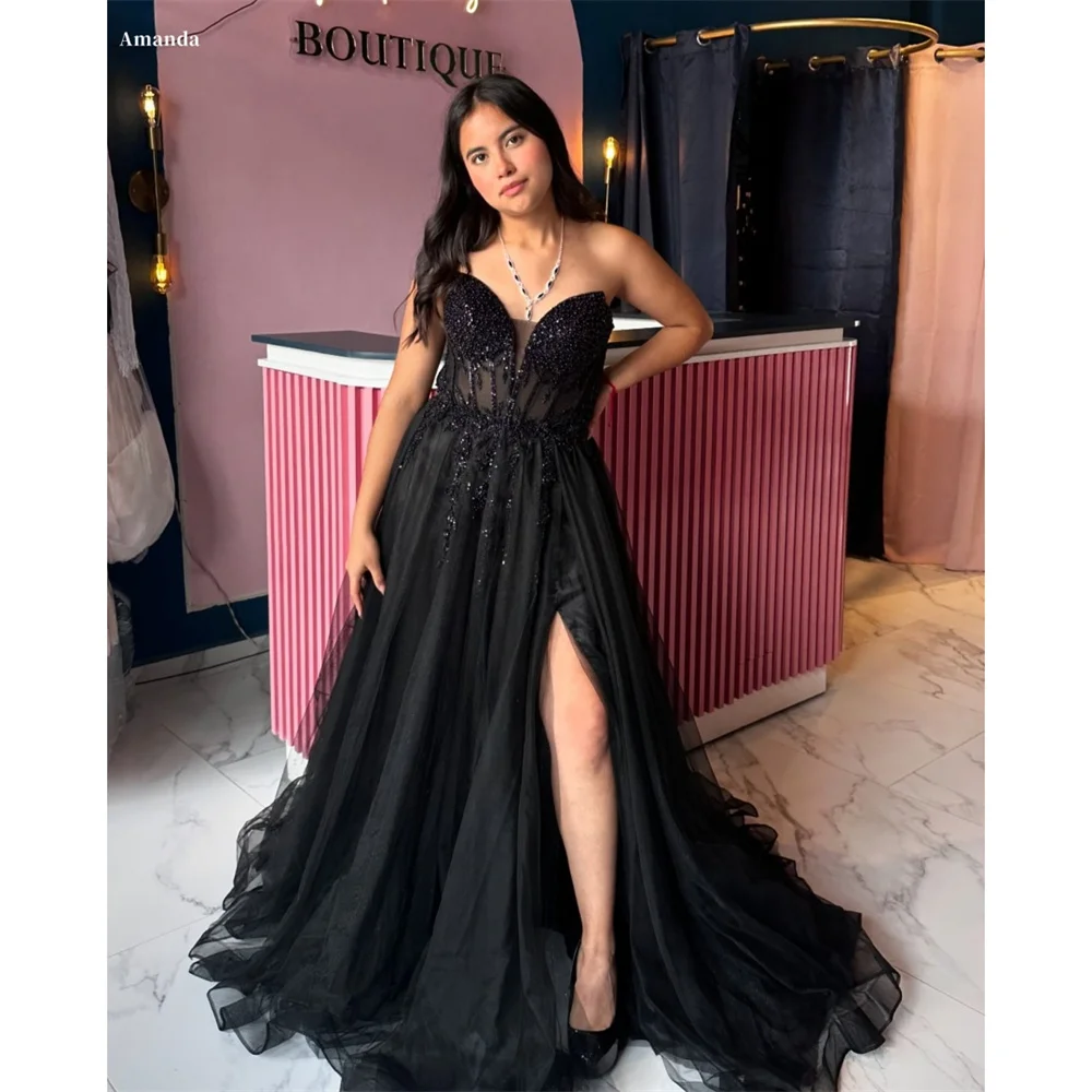 Amanda индивидуальное черное бальное платье без бретелек с бисером и боковым