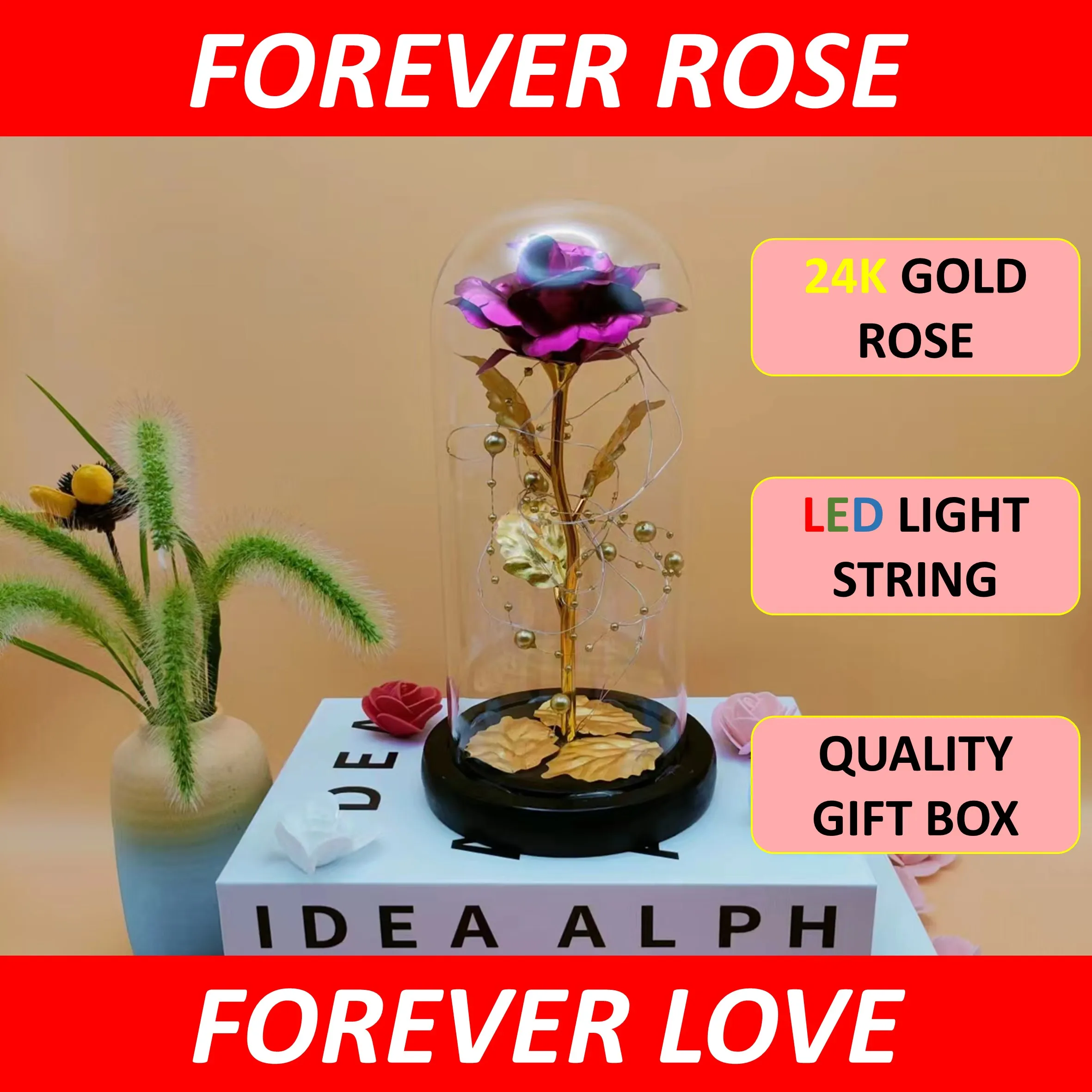

LED Magic Galaxy Rose Eternal 24K Gold Foil Flower Dome With Fairy String Lights Gift Card Valentines Mothers Day Birthday Gift