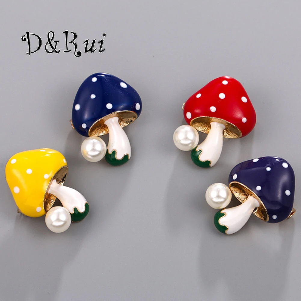 

D&Rui Cartoon Dripping Oil Mushroom Brooch Fashion Cute Small Collar Pin Simple Pearl Pins Accessories For Women Coat Decoration