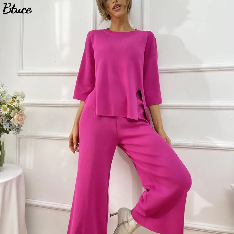 

Women Knitted Tracksuit 2 Piece Set Female O Neck Side Slit Hem Elastic Waist Pants Suit Lady Simple Casual Loose 2 Pieces Set