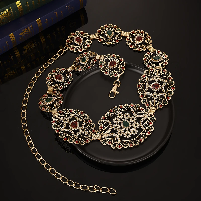 Luxury Moroccan Style Hollow Floral Waist Chain Colorful Rhinestone Inlaid Crystal Adjustable Length Square Button Belt
