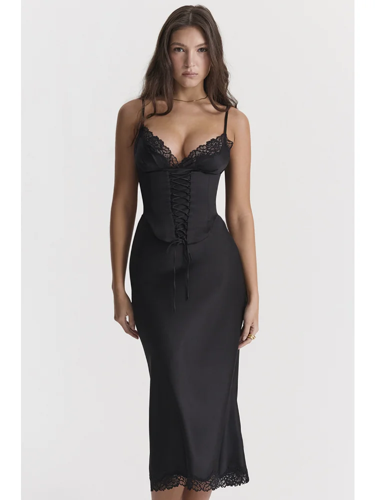 

Women Summer Solid Midi Long Dress Elegant Casual Fashion Office Lady Bodycon Slim Lace Backless Streetwear V Neck Dress 2023