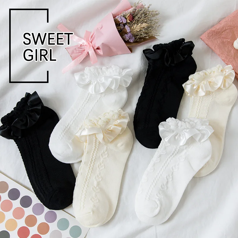 Women's Lolita  Ruffle Socks With Frill Black White Kawaii Cotton Lace Socks Low Cut Socks Cartoon Sweet Girls Hosiery
