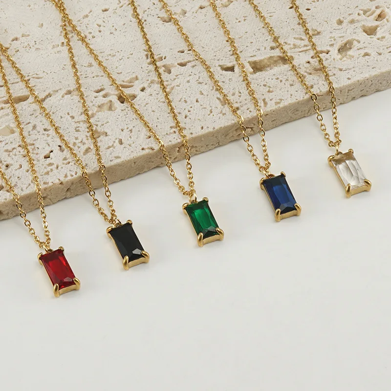 Ailodo Rectangle Cubic Zirconia Pendant Necklace For Women Minimalist Stainless Steel Necklace Party Wedding Fashion Jewelry