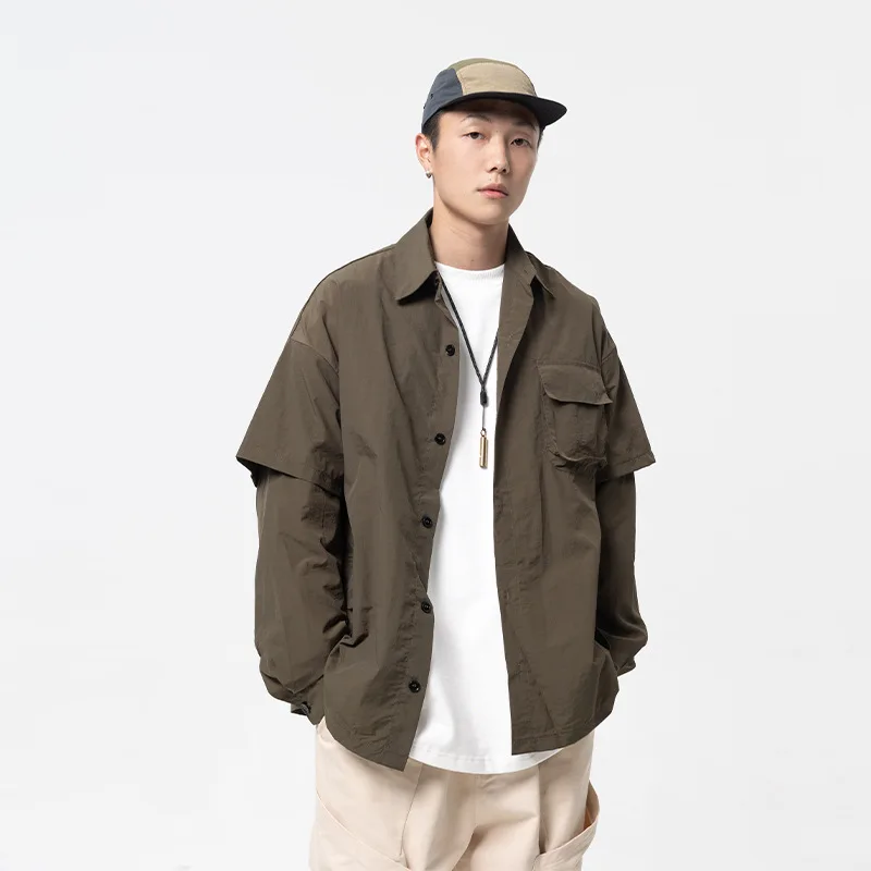 

2023ss High Street Fashion Pockets Versatile Lapel Shirts for Men Casual Fake Two Long Sleeves Shirt Streetwear Clothing Clothes