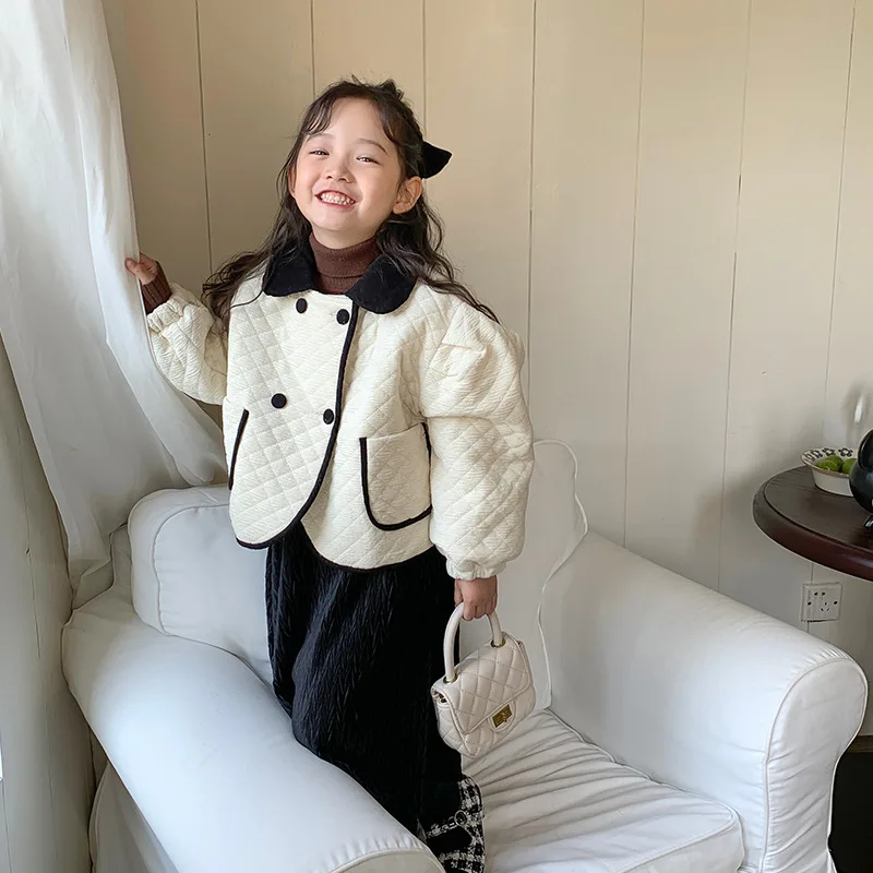 

Winter fashion girls fleece inner warm turn-down collar short style Coats Kids thicken loose Jackets