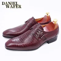 Fashion Mens Oxford Shoes Luxury Genuine Leather Dress Office Business Wedding Burgundy Black Buckle Pointed Loafer Shoes Men