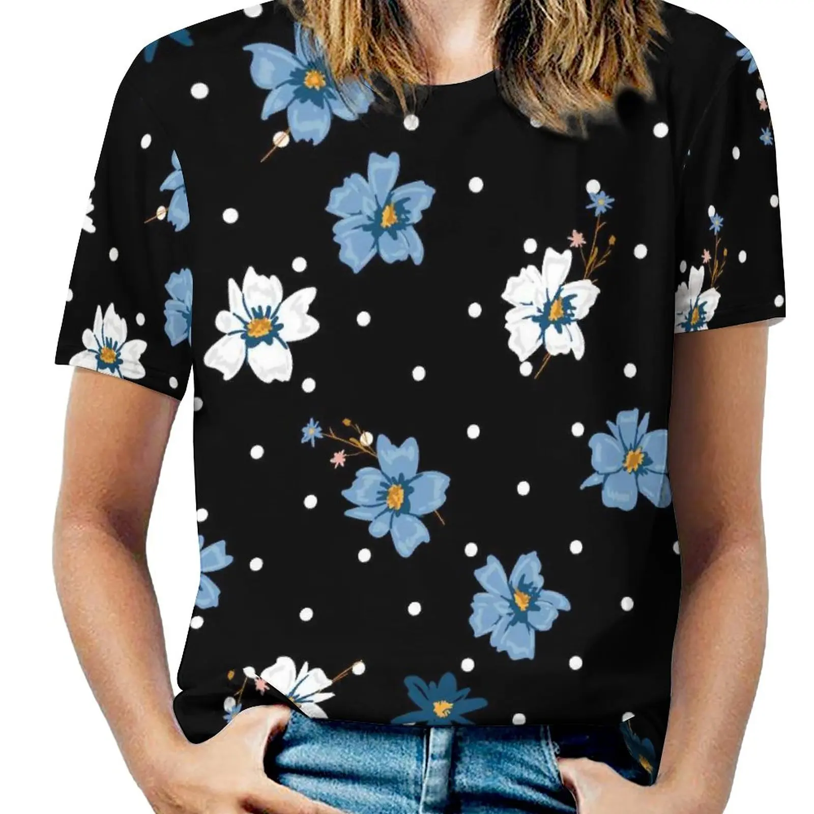 

Blue White Daisies T Shirt Polka Dots Floral Pirnt Trendy T-Shirts Short Sleeve Print Tops Women Korean Fashion Big Size 6XL