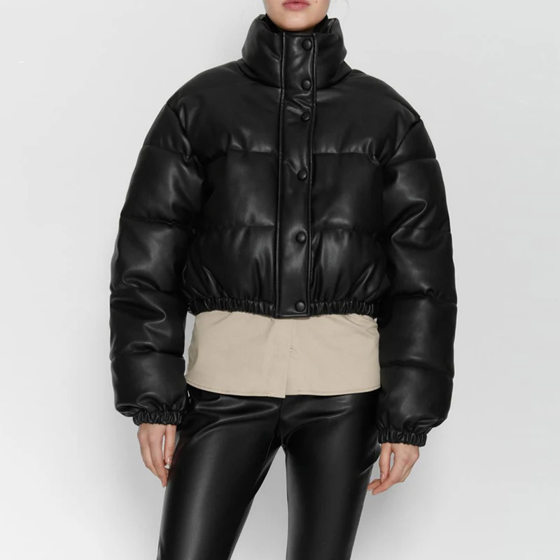 

2022 women Padded PU Coat women fur leather Parka Jacket Warm Croped Long Sleeve Outwear Motorcycle Black Short Jacket