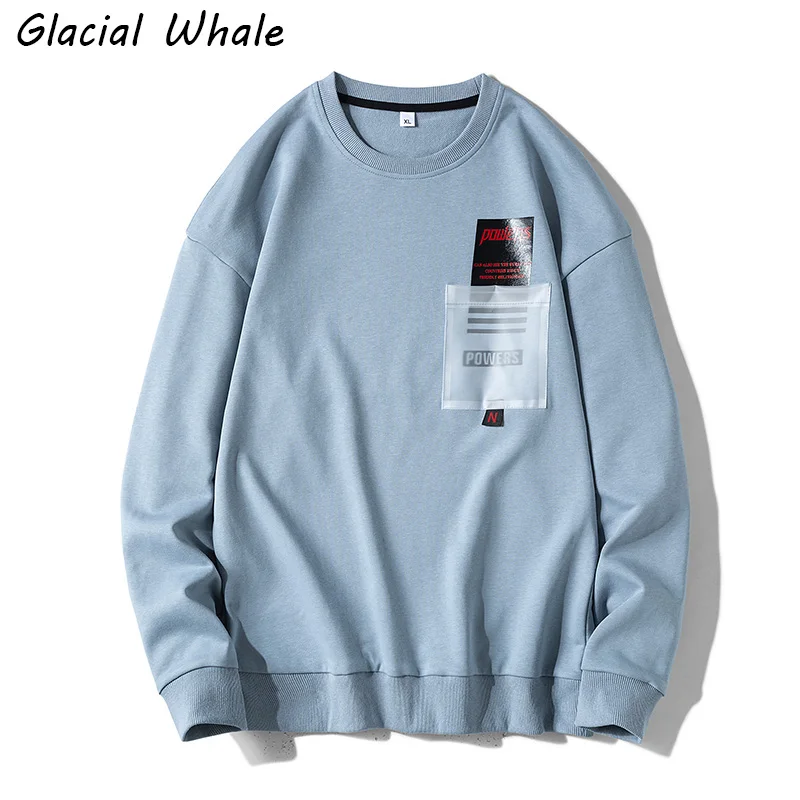 

GlacialWhale Crewneck Sweatshirt Men 2021 Spring Print Patchwork Japanese Streetwear Harajuku Casual Blue Hoodie Men Sweatshirts