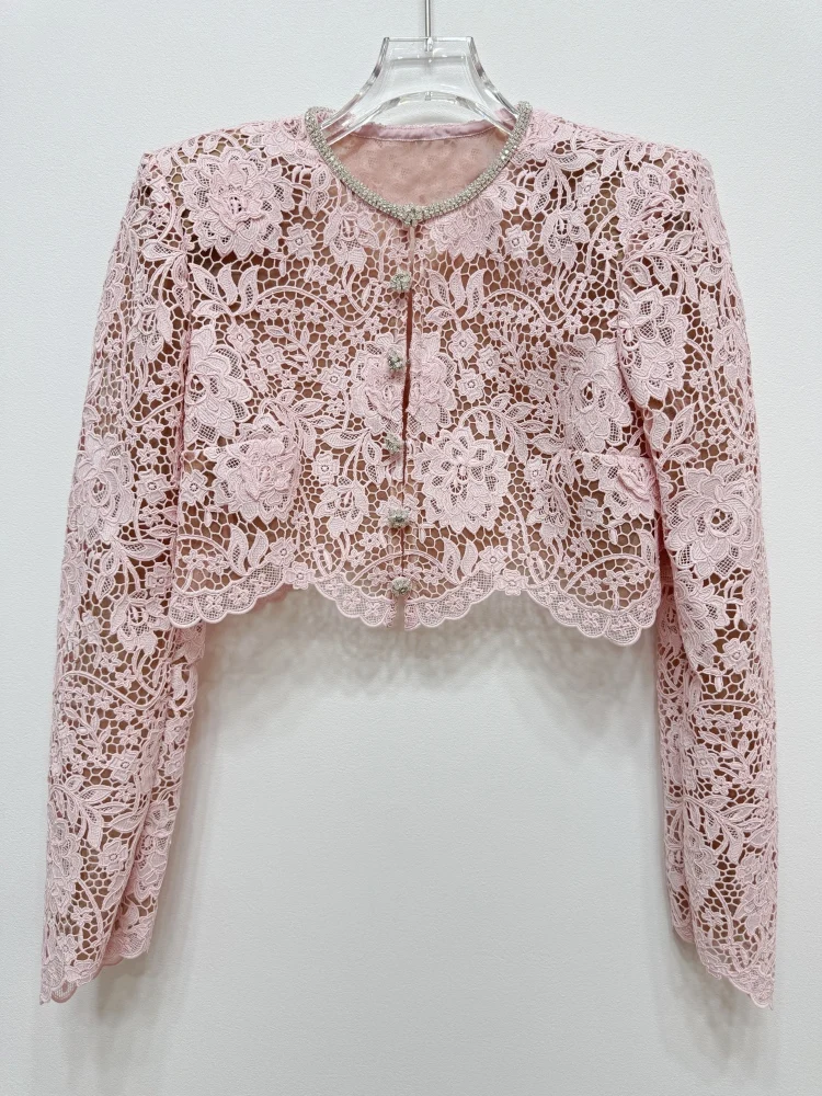 Pink water-soluble lace dress long sleeved cardigan top heavy two piece set only Luxury temperament socialite style