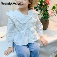 freely move fashion korean loose little girls long sleeve shirt ruffles blouse turn down collar white long tops autumn spring