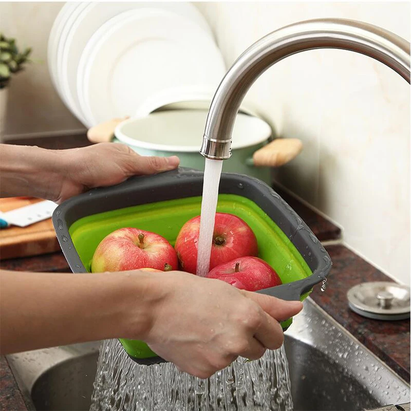 

Square Shape Drain Basket Collapsible Colanders Foldable Silicone Kitchen Organizer Fruit Vegetable Baskets Folding Strainers