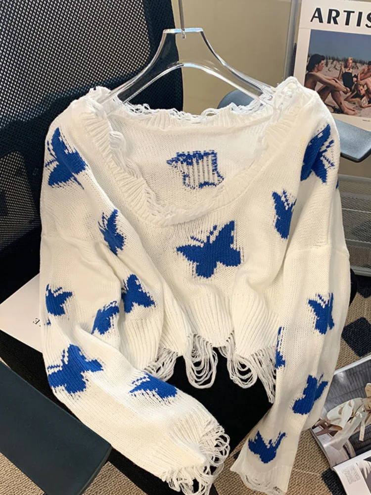 

Deeptown Korean Fashion Graphic Knitted Sweater Woman Harajuku Sweet Oversized Cropped Tops Off Shoulder Casual Loose Jumper Y2K