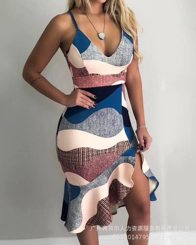 

Colorblock Slit Ruffles Irregular Dress Women Sleeveless High Waist Spring Summer Sexy Bodycon Mini Dress