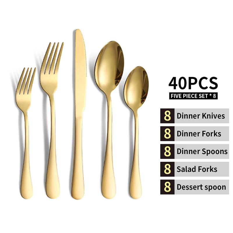 

40 шт., набор золотых столовых приборов из нержавеющей стали