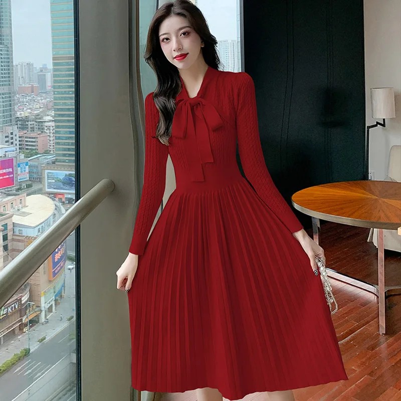 

High Quality Korean Elegant Fashion Knitted Women Dress Bow Lace Up Long Sleeve V-neck A-line Pleated Dresses Vestidos 2022 Girl