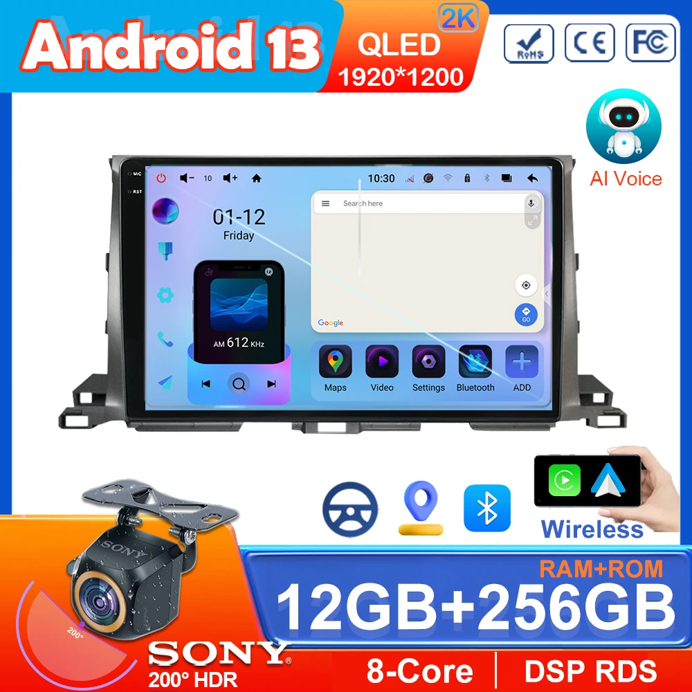 Автомагнитола для Toyota Highlander 3 XU50 2013-2018 2Din Android 13 стерео мультимедийный видеоплеер