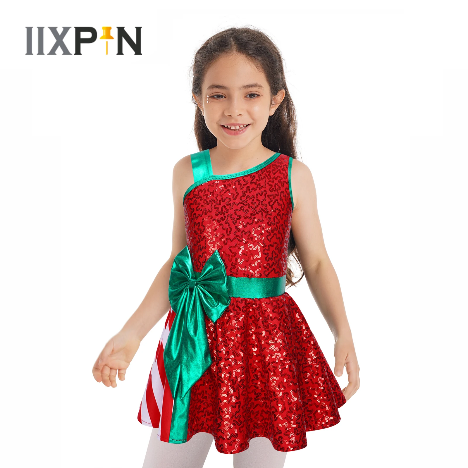 

Kids Girls Christmas Dress Shiny Sequin Sleeveless Jumpsuit Bow Stripe Patchwork Tutu Dresses Xmas Carnival Party Santa Costumes