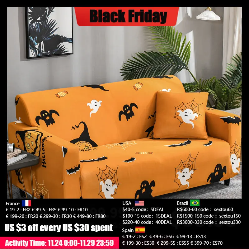 

1/2/3/4 Seater Halloween Decoration Sofa Slipcover Stretch Spandex Sofa Covers for Living Room L Shaped Chaise Longue Slipcovers