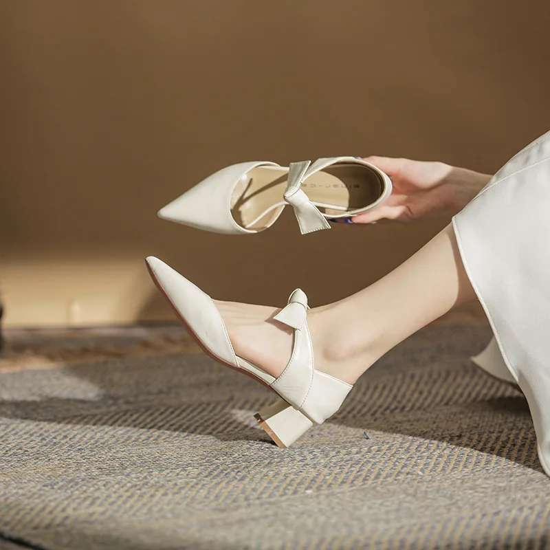 

[sheepskin] Pointed Toe High Heel Women's Mid-heel Shoes 2022 New All-match Butterfly Knot Thick Heel Single Shoes
