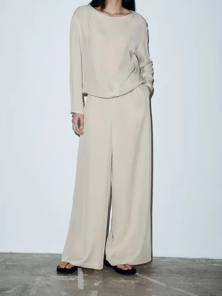 

2023 Summer New Fashion Personalized Pants Solid Color Versatile Westernized Simple Relaxed Casual Silk Fabric Drop Shirt Set