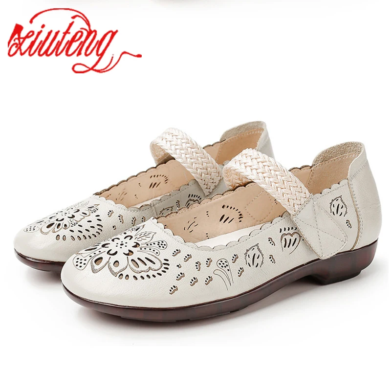 Xiuteng Original Genuine Leather Soft Women Flats Shoes Comfort Casual Mary Jane Shoes Pleated Handmade Leisure Ladies Sandals