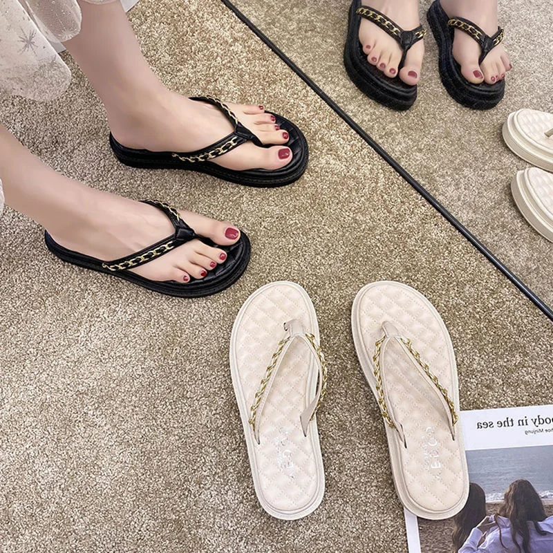 Summer Thick Bottom Slippers Fashion Open Toe Solid Color Flip Flops Women's Metal Chain Outdoor Casual Shoes Fashion Sandals