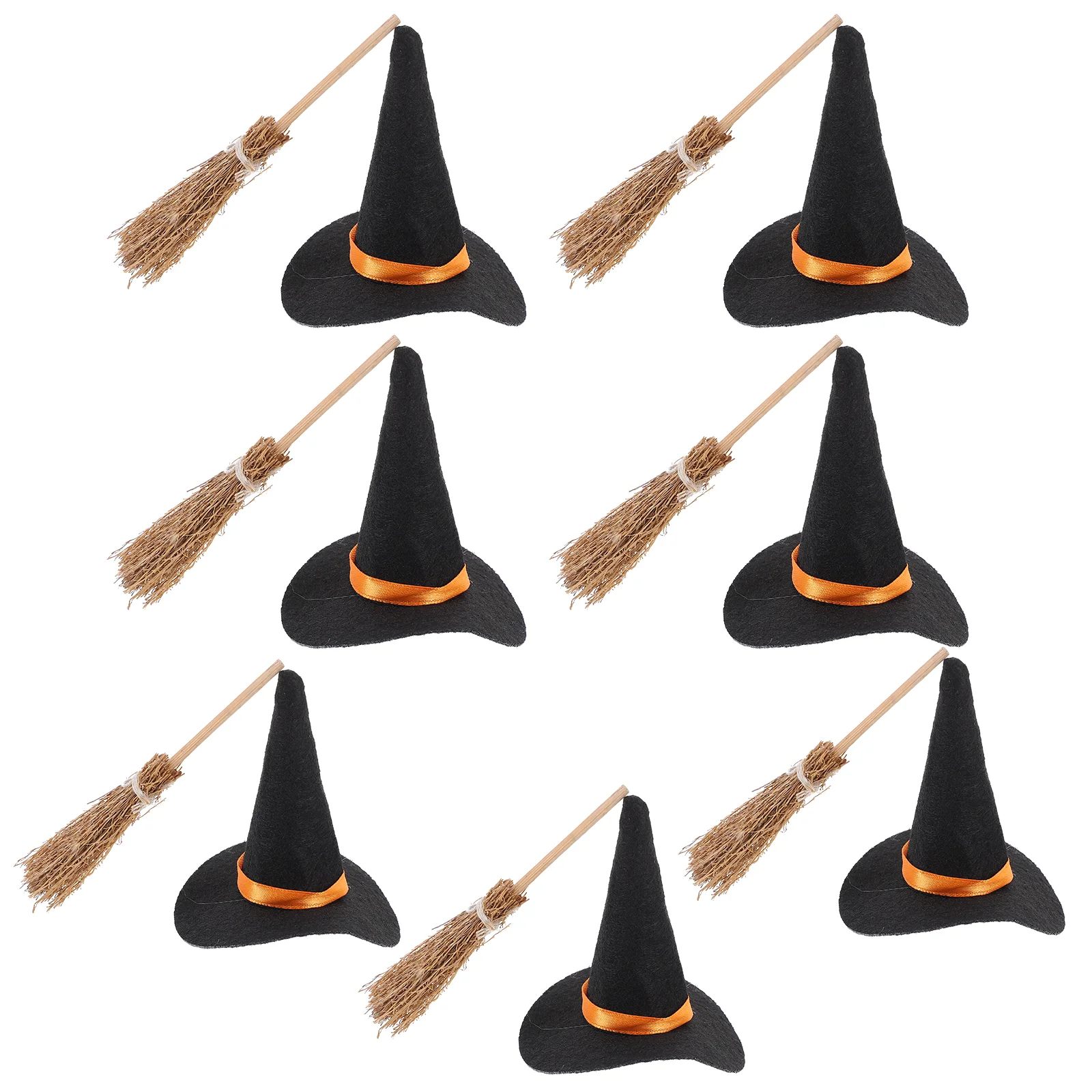 7 Set Halloween Felt Witch Hat Brooms Tiny Decorations Mini Hats for Drinks Miniature Wooden Party Child Ornament