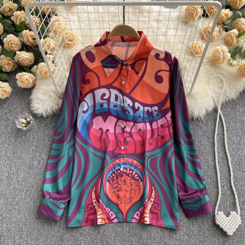 

European Station Spring New Fashion Brand Letterhead Print Retro Baroque Style Leisure Vacation Shirt Women's Slim Fit