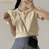 t shirts women crops basic vintage light soft summer lady cute girls knitted casual puff sleeve fashion street style vacation