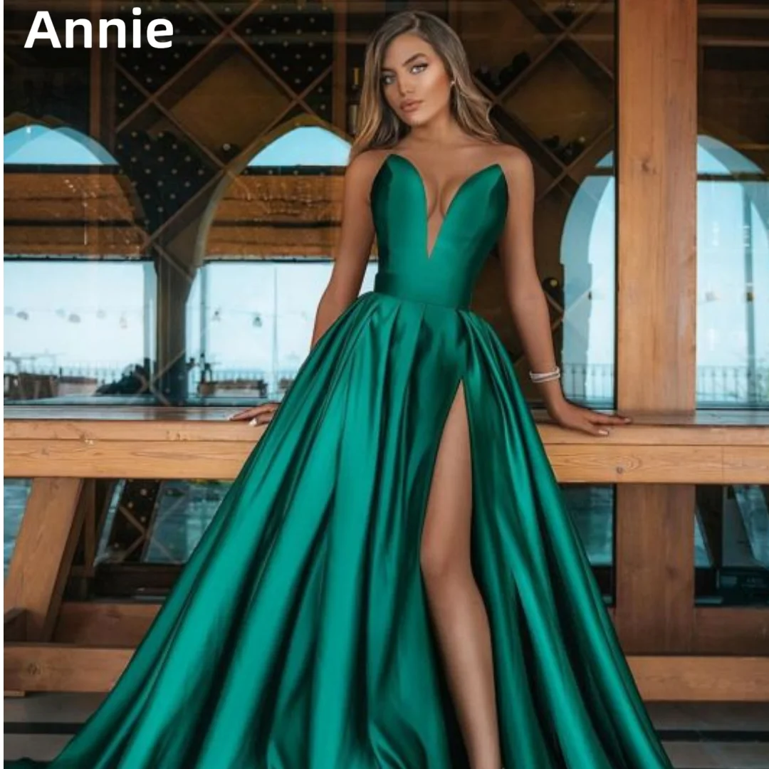 

Annie Green Satin Prom Dresses Strapless Side Slit Evening Dress فستان حفلات الزفاف A-line Corset Formal Occasions Party Dress