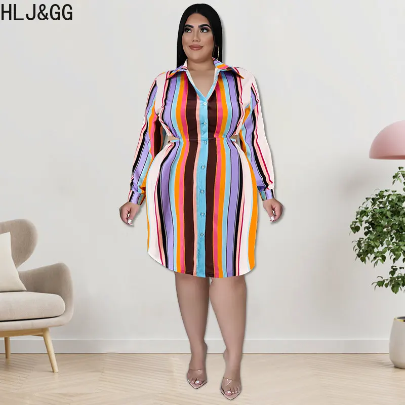 

HLJ&GG Plus Size Striped Print Shirt Dresses Casual Turndown Collar Button Long Sleeve Knee Dress Elegant Office Lady Vestidos