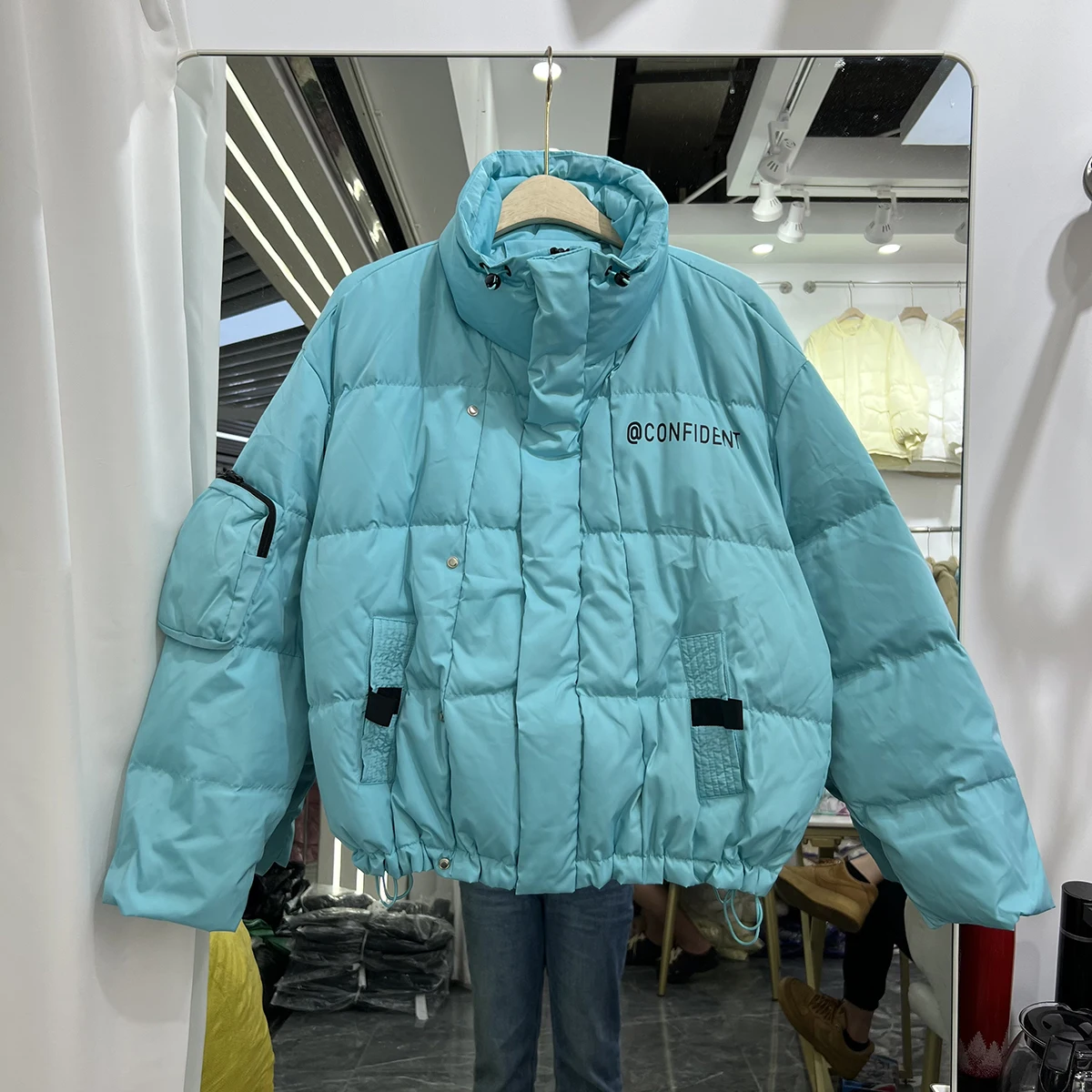 

New White Duck Down Loose Thickened Drawstring Stand Collar Fashion Down Jacket Long Sleeve Solid Color Casual Clothes F693