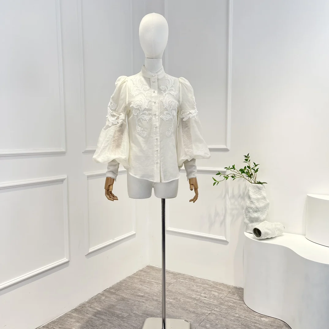 

New Natural Fabric 2023 Summer Vintage Elegant Long Lantern Sleeve Pearl White Appliques Women Blouse
