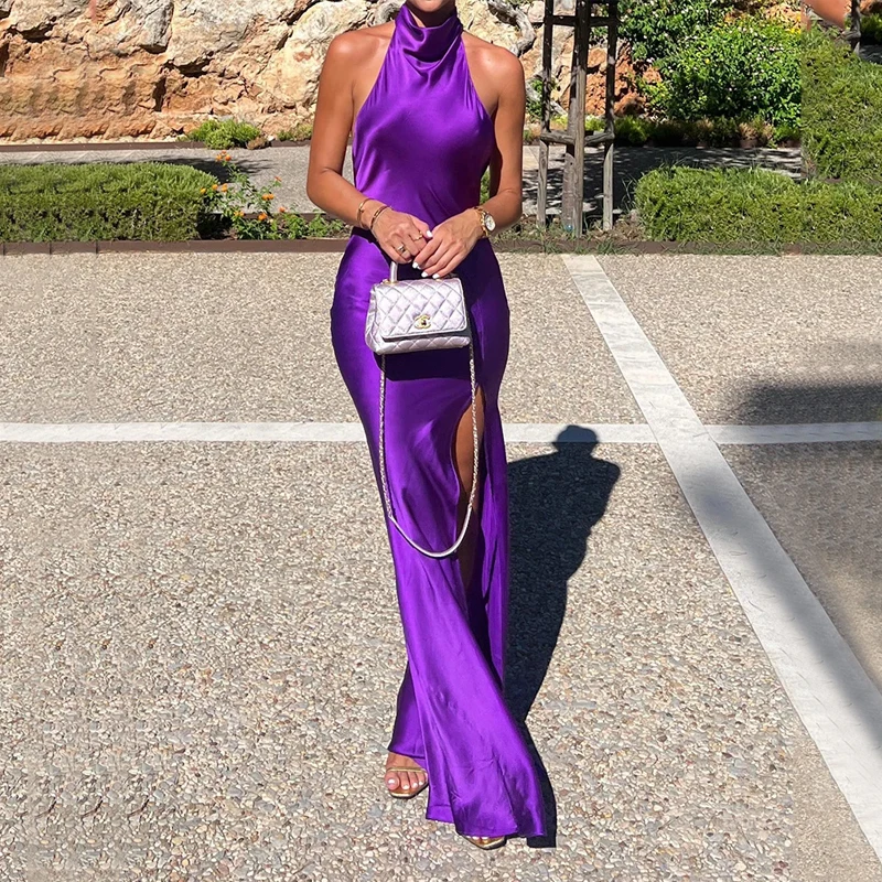 

EVERBELE Women Dresses Halter Turtleneck Sleeveless Backless Slit Solid Purple Party Dress Luxury Elegant Sexy Bodycon Prom Gown