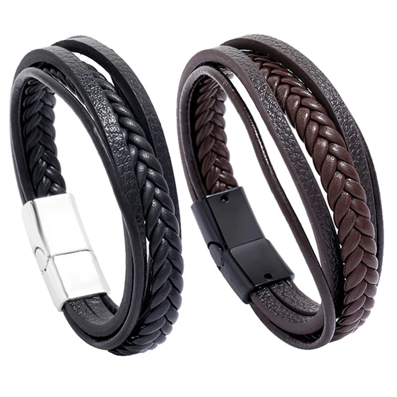 

Trendy Genuine Leather Bracelets Men Stainless Steel Multilayer Braided Rope Bracelets for Male Female Bracelets Jewelry