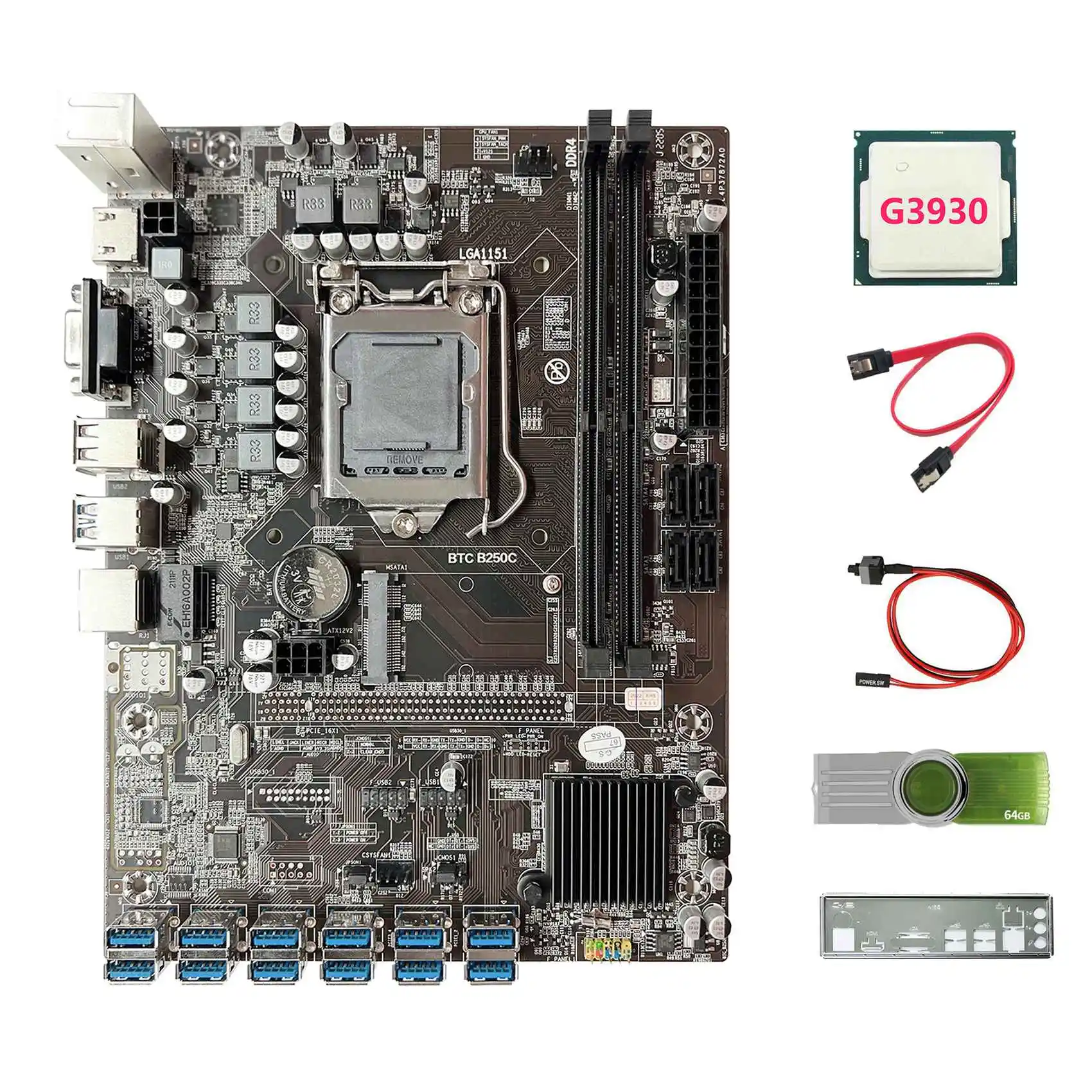 

B250C BTC Miner Motherboard+G3930 CPU+64G USB Drive+Baffle+SATA Cable+Switch Cable 12 USB3.0 DDR4 LGA1151 for ETH