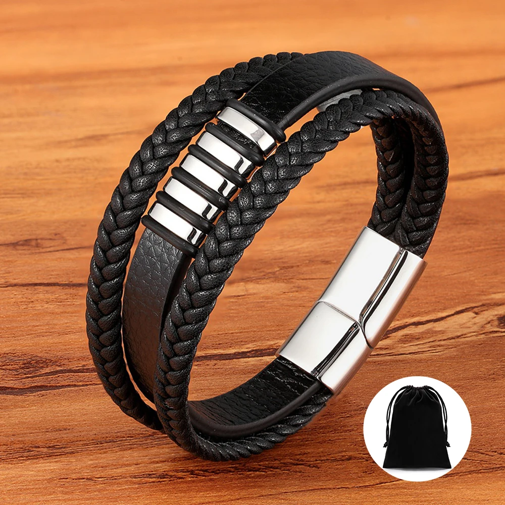

Luxury Stainless Steel Multi-layer Bracelet Genuine Leather Braided Magnetic Charm Buckle Bangle Men's Jewelry with Free Bag