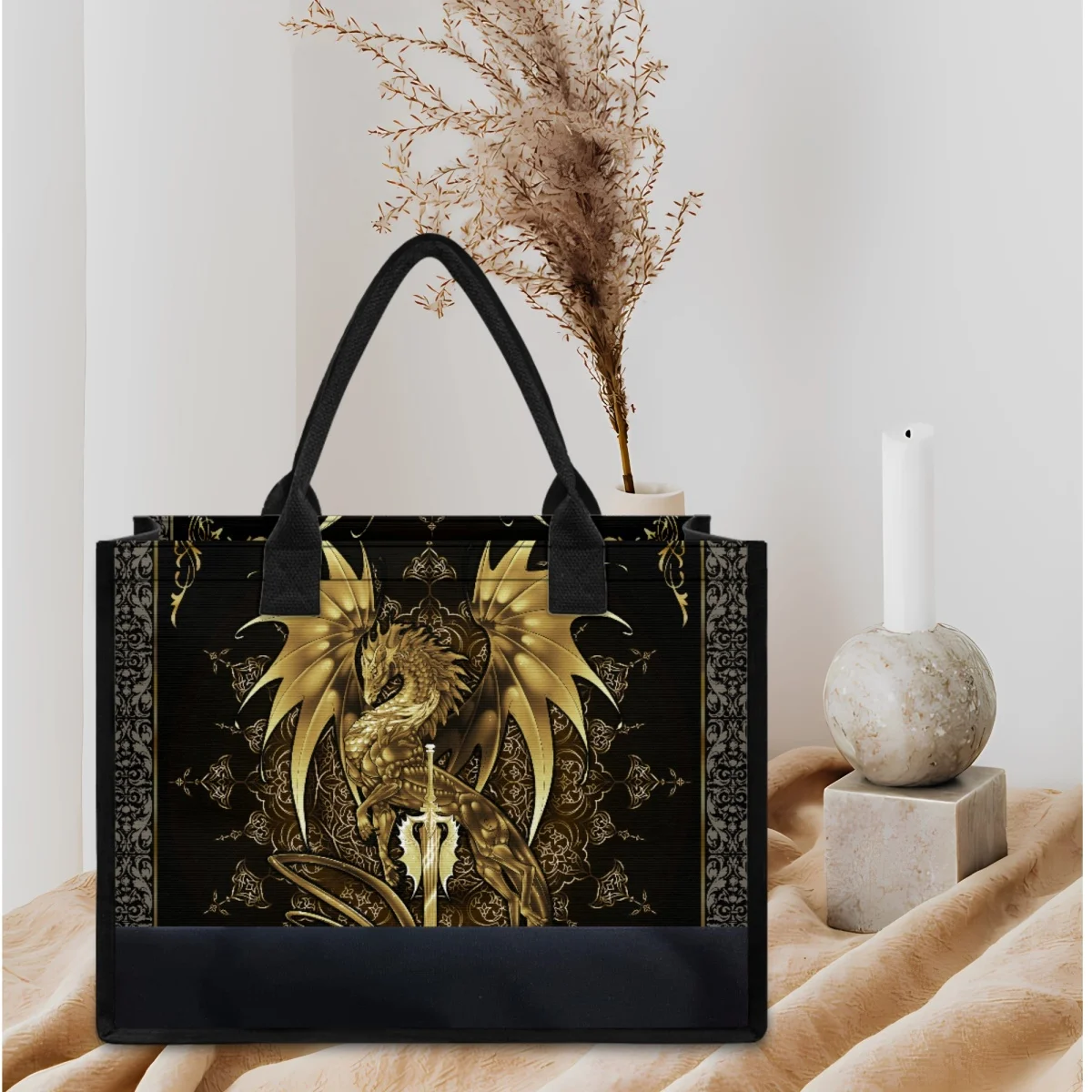 

Vintage Gold Dragon Fashion Shoulder Bag Top Handle Portable Girls Tote Bags High Quality Internal Zipper Pocket Handbags Female