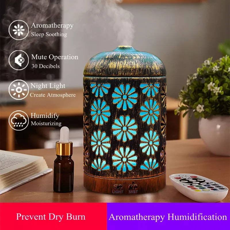 

Iron Wrought Hollow Aroma Diffuser Ultrasonic Air Humidifier with Color Changing LED Light Aromatherapy Essential Oil Diffuser