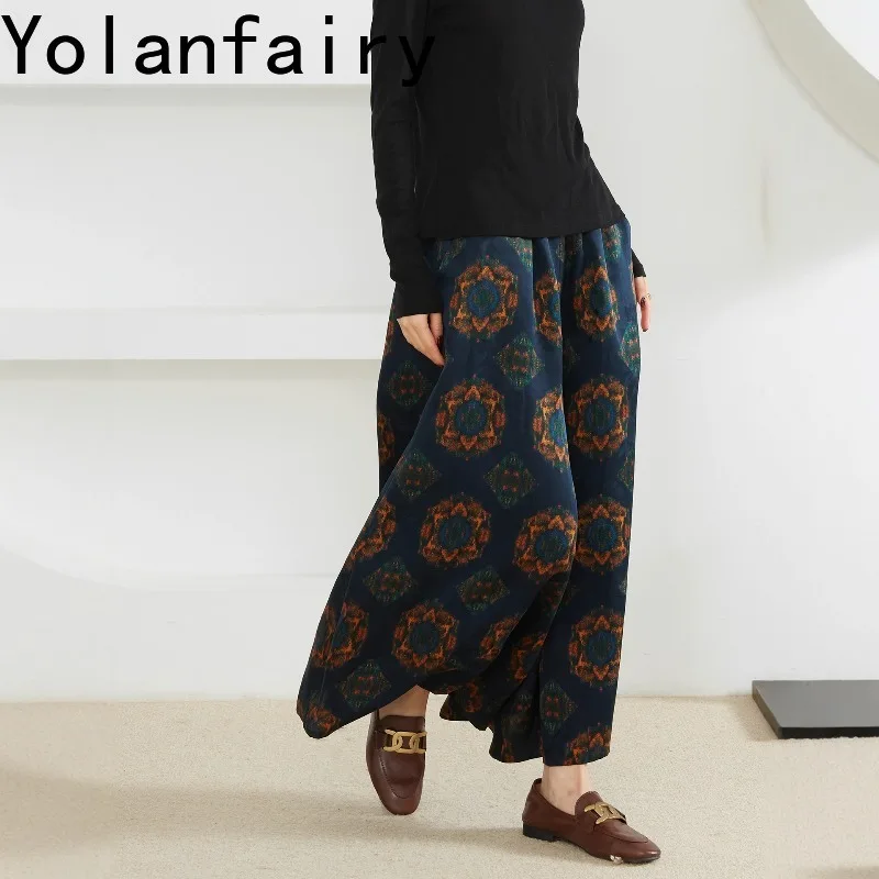 Фото YOLANFAIRY 100% натуральные шелковые брюки из тутового шелка для женщин, свободные прямые брюки с эластичной талией, повседневные шелковые брюки из гамбированного шелка, женская одежда №4