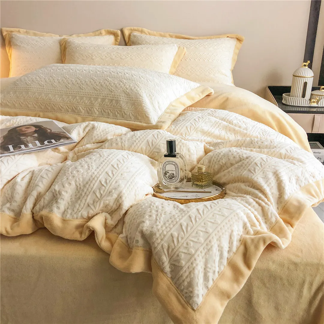 

Embossed Milk Velvet Comforter Bedding Sets King Duvet Cover 220x240 Thick Soft Solid Warm Bedsheet Double with 2 Pillowcases