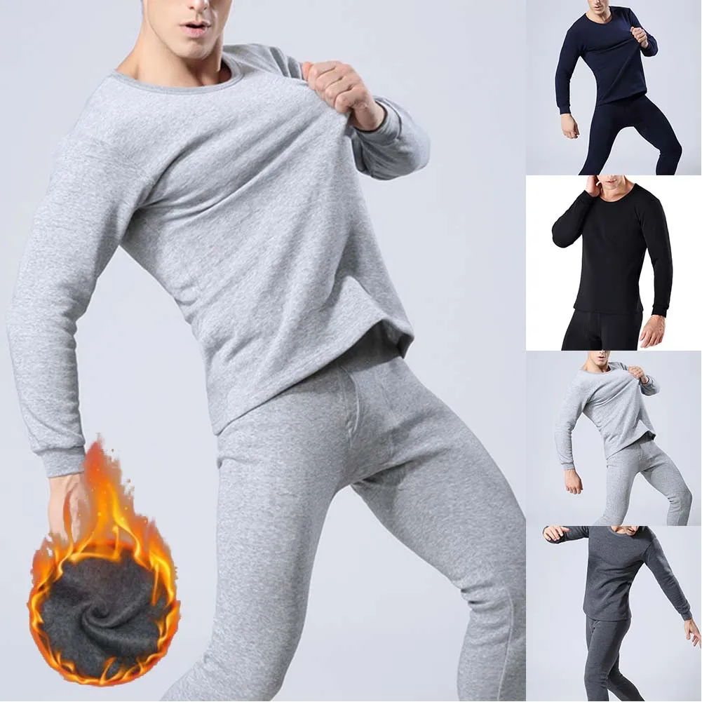 

Mens Soft Fleece Thick Lined Thermal Crew Neck Top Bottom Long John Warm Base Layer Underwear Set Top + Pants
