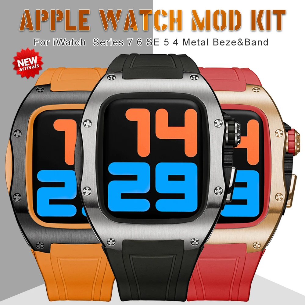 

Модифицированный комплект для Apple Watch 8 7 SE 6 5 Роскошный чехол из нержавеющей стали для iWatch серии 45 мм 44 мм ремешок из флюоровой резины